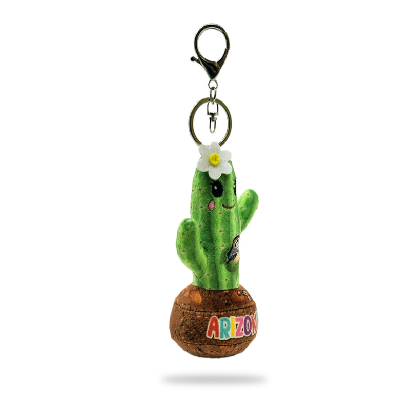 Angled view of cactus plush keychain with Arizona base