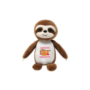 Plush sloth toy with 'I love you slow much' text on a white background