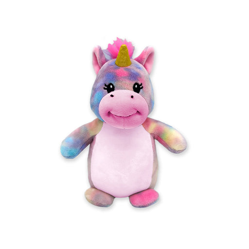 A multicolored plush unicorn toy with a pink body, blue and pink horns, and a smiling face.