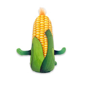 Back view of a plush corn cob toy with yellow kernels, green husk leaves, small green arms, and a tan tassel on top against a white background.