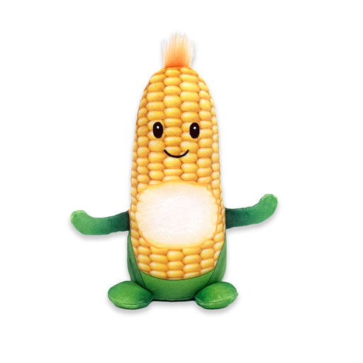 A plush toy resembling a smiling corn cob with green and yellow colors on a white background.