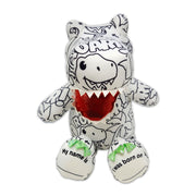 Front view of dinosaur plush stuffed animal with sketch design
