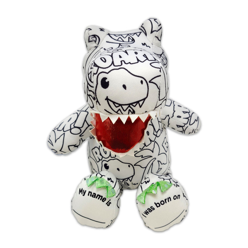 Front view of dinosaur plush stuffed animal with sketch design