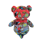 Back View of Colorful teddy bear with a pattern of images and text on a white background