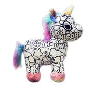 Side view of color-me unicorn plush toy with rainbow mane