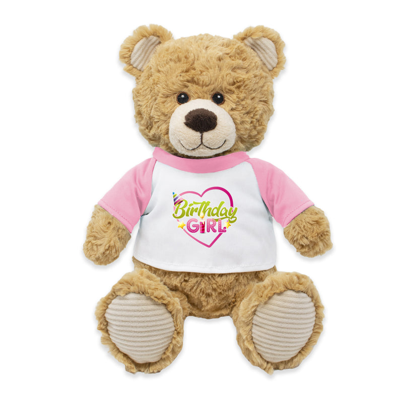 A 9-inch plush teddy bear with a 'Happy Birthday' shirt in front of a white background.