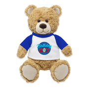 A 9-inch plush teddy bear with a 'Happy Birthday' shirt in front of a white background.