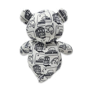 Back view of a white teddy bear plush covered in black California Republic illustrations.