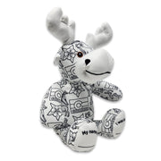 Angle view of a black-and-white colorable plush moose with Colorado-themed illustrations and blank name and birth date text on the feet.
