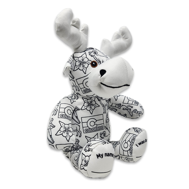 Angle view of a black-and-white colorable plush moose with Colorado-themed illustrations and blank name and birth date text on the feet.