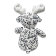 Back view of a black-and-white colorable plush moose with Colorado-themed illustrations and white fabric antlers.