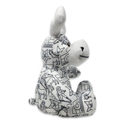 Side view of a black-and-white colorable plush moose with Colorado-themed illustrations and blank name and birth date text on the feet.
