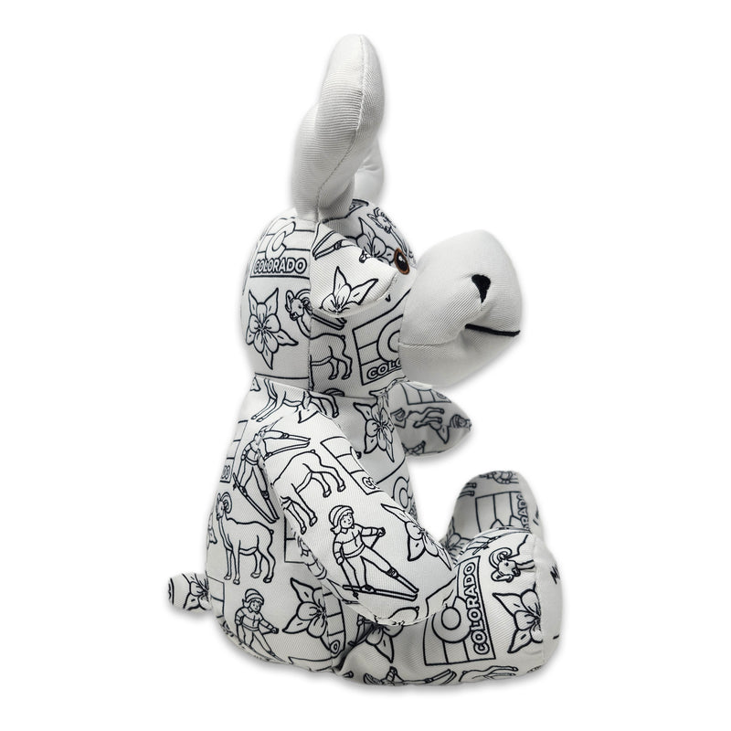 Side view of a black-and-white colorable plush moose with Colorado-themed illustrations and blank name and birth date text on the feet.