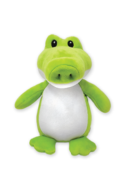 A green and white plush stuffed alligator toy.