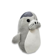 Angled front view of a gray and white plush seal with stitched facial features and small side flippers, on a white background.
