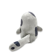 Back view of a gray and white plush seal with stitched facial features and small side flippers, on a white background.