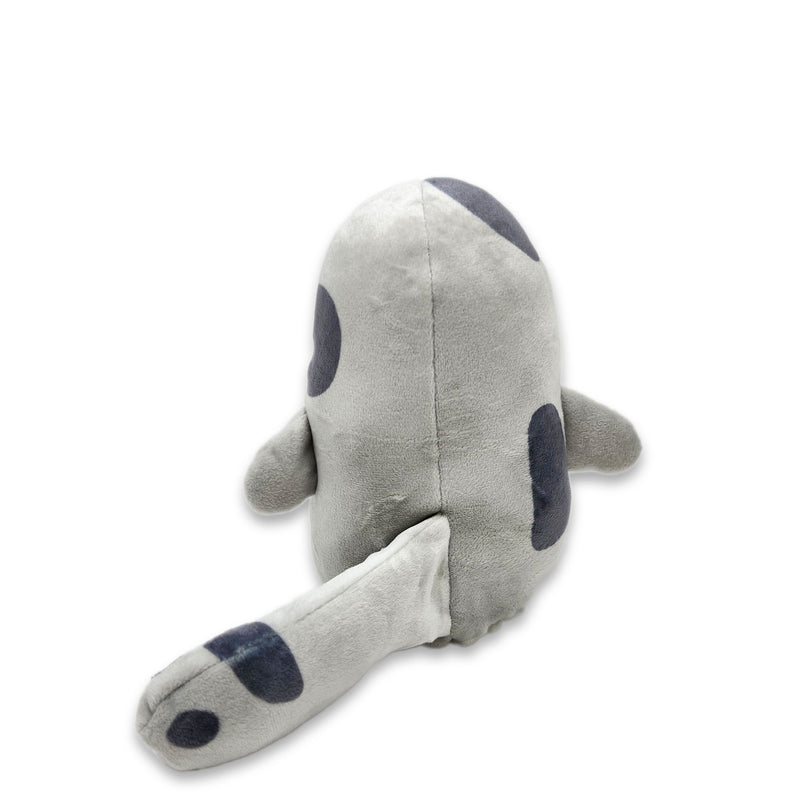 Back view of a gray and white plush seal with stitched facial features and small side flippers, on a white background.