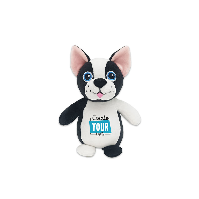 Plush dog toy with customizable text on a white background