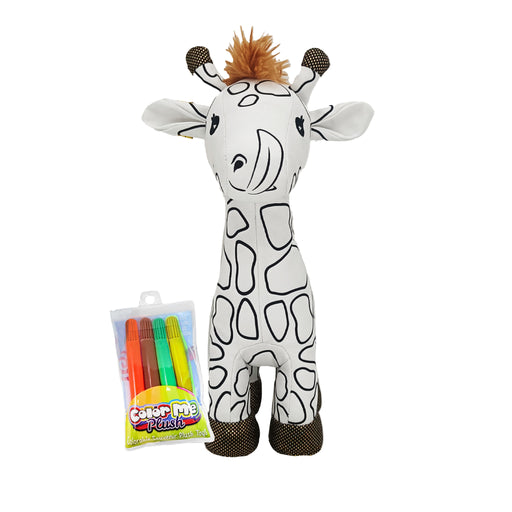 Giraffe plush toy with coloring pens on a white background