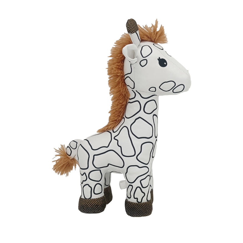 Plush giraffe toy with brown mane on a white background