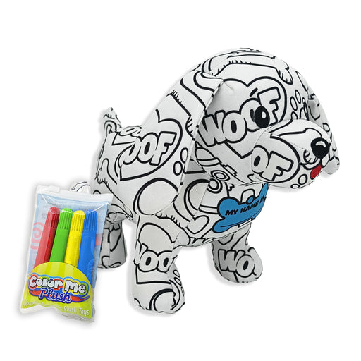 Colorable dog plush toy with markers on a white background