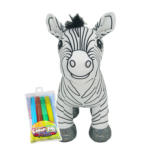 Plush zebra toy with a set of markers on a white background