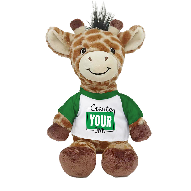 Plush giraffe toy with a customizable shirt on a white background