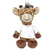 Plush giraffe toy wearing a white shirt on a white background
