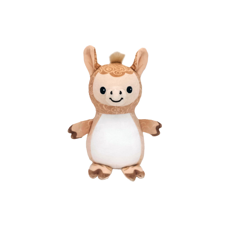 Plush toy resembling a cartoonish creature with a white belly and brown body on a white background