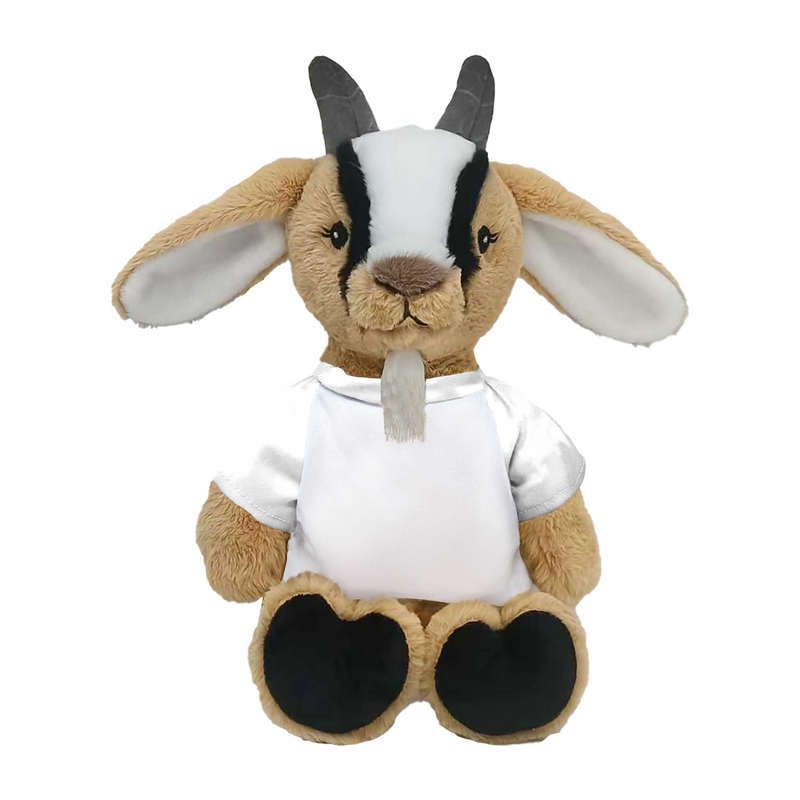 Plush toy goat wearing a white shirt on a white background