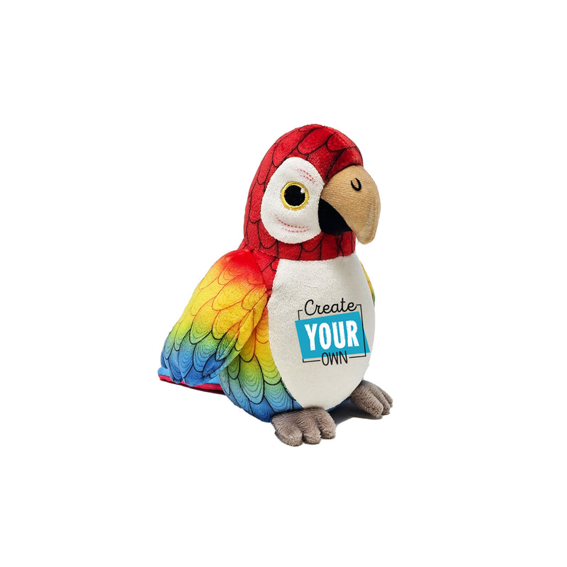 Colorful parrot plush toy with a customizable message on a white background