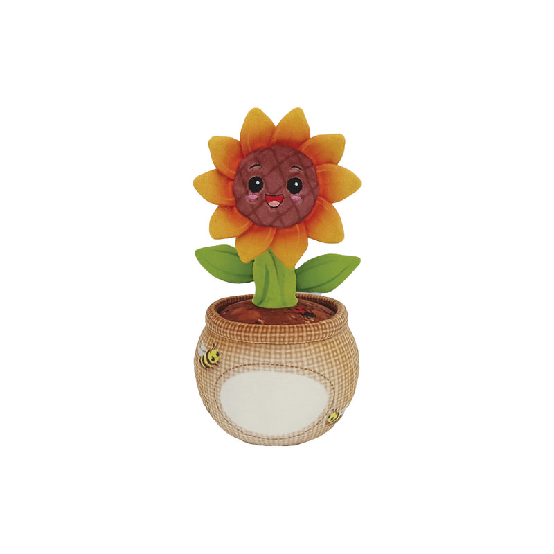 Plush sunflower toy with a face in a woven pot on a white background
