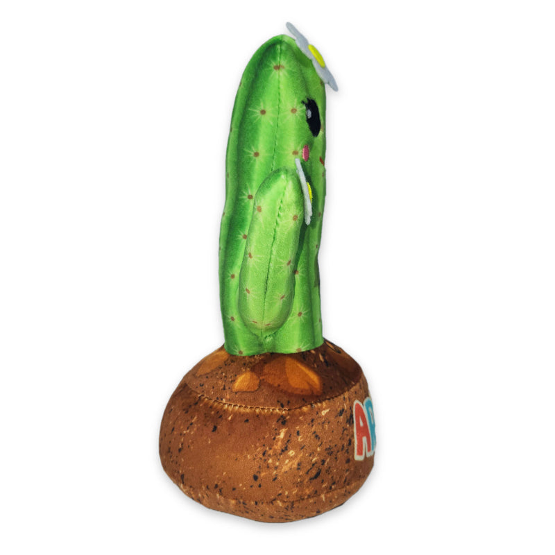 Side view of cactus plush stuffed animal with Arizona base