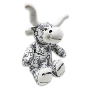 Angle view of a white longhorn cow plush covered in black Texas-themed line illustrations, including the word “Texas,” with stitched text reading “My name” on one foot and “I was born” on the other.