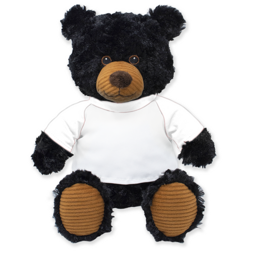 Front view of a black plush teddy bear with a brown snout and brown corduroy feet wearing a plain white shirt with gray sleeves while sitting upright.