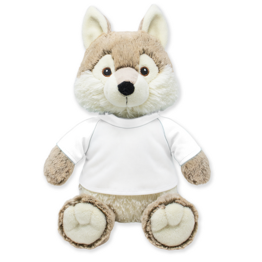 Front view of a plush wolf wearing a plain white shirt with gray checkered sleeves.