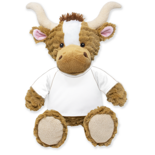 Front view of a plush longhorn cow with tan and white fur wearing a plain white shirt with gray sleeves while sitting upright.