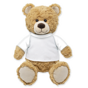 Front view of a tan plush teddy bear wearing a plain white shirt with gray patterned sleeves and beige corduroy-textured feet while sitting upright.