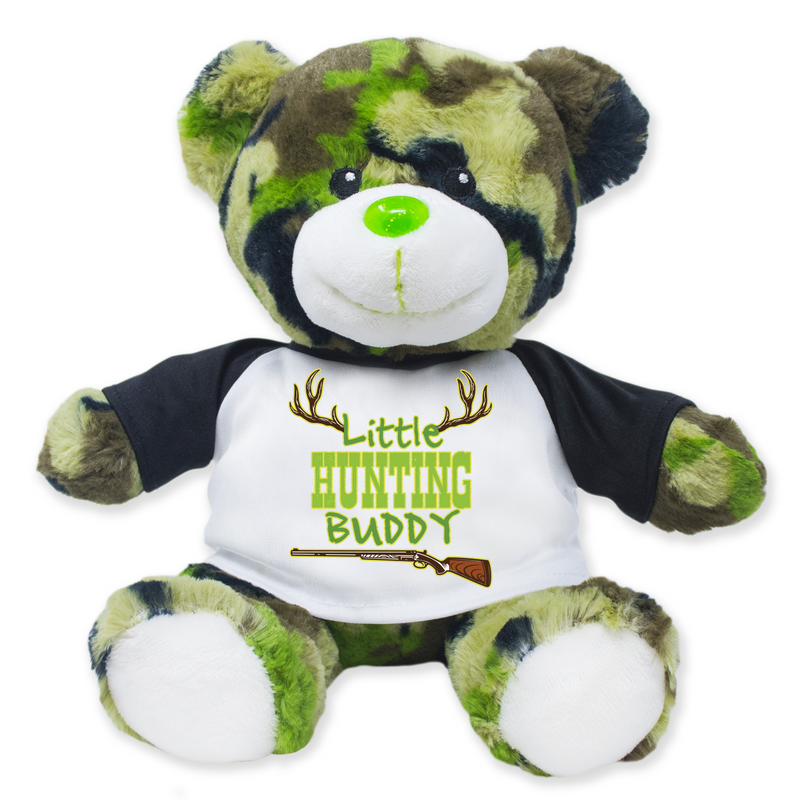 A 9-inch green camouflage teddy bear wearing a shirt with 'Little Hunting Buddy' design.
