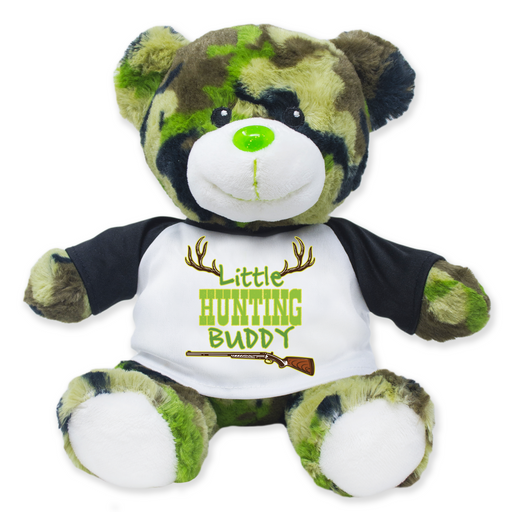 A 9-inch green camouflage teddy bear wearing a shirt with 'Little Hunting Buddy' design.