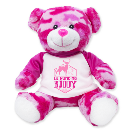 A pink camouflage teddy bear sitting upright with a shirt that reads 'Lil Hunting Buddy'.