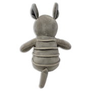 Back view of a gray plush armadillo with upright ears, segmented body bands, short arms, and a long tail on a transparent background.