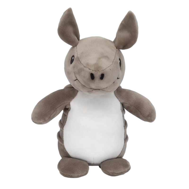 A plush animal toy resembling an armadillo with a brown back, white belly, and a happy facial expression.