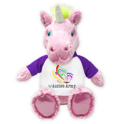 A stuffed unicorn toy with a pink body, wearing a shirt printed with 'Auntie's Army + Lady G Butterfly' design.