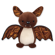 A plush brown bat stuffed animal with a smiling face and extended wings.