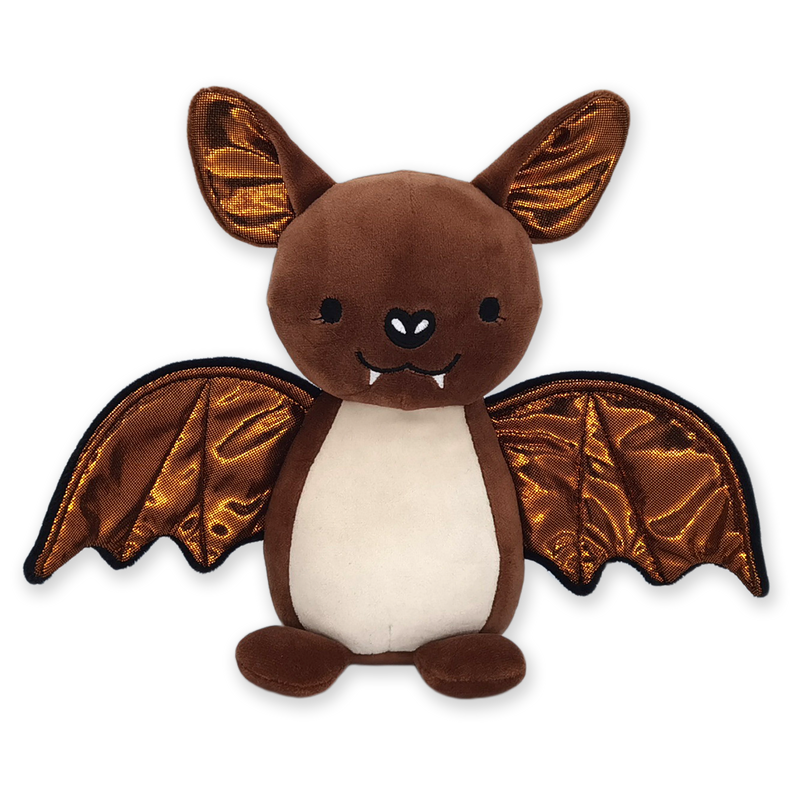 A plush brown bat stuffed animal with a smiling face and extended wings.
