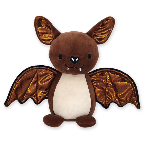 A plush brown bat stuffed animal with a smiling face and extended wings.