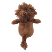 Back view of a brown plush lion with a shaggy mane covering the head and neck, small rounded ears, outstretched arms, and a long tail with a tufted tip on a transparent background.