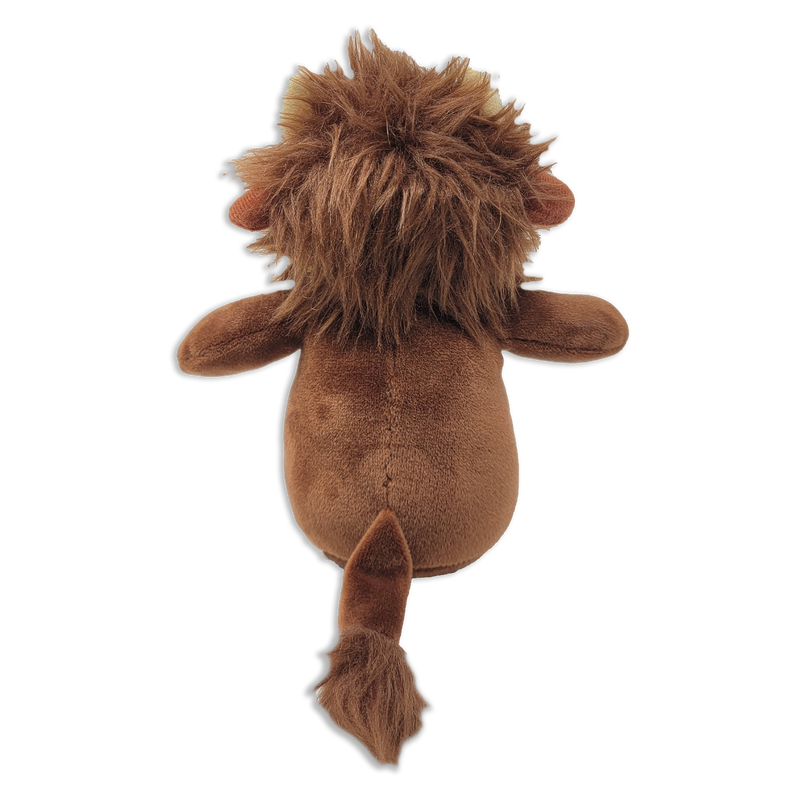 Back view of a brown plush lion with a shaggy mane covering the head and neck, small rounded ears, outstretched arms, and a long tail with a tufted tip on a transparent background.
