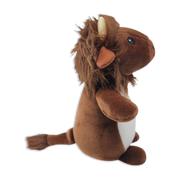 Side view of a brown plush lion with a shaggy mane, small tan horn-like ears, white belly, rounded arms and legs, and a long tail on a transparent background.